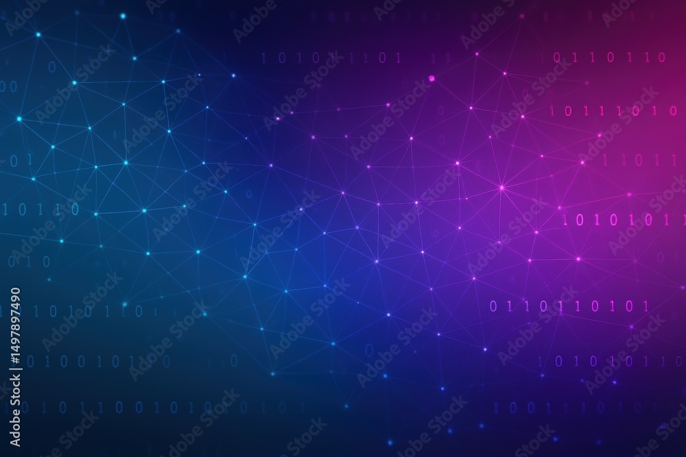 Poster Abstract Digital Background with Binary Code and Network Connections in Blue and Purple