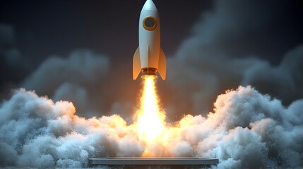 A stylized rocket launches amidst a dark, smoky atmosphere, its fiery engine igniting against a moody backdrop