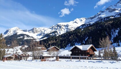 Cozy Swiss Wooden Chalet in Snowy Mountain Landscape