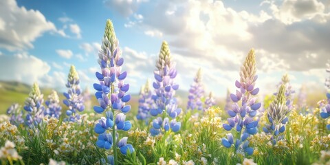 Naklejka premium Lush blooming lupines under a bright sky provide a stunning natural backdrop in the early afternoon