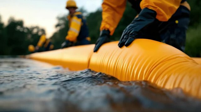 Rescue teams deploy protective barriers against rising floodwaters at dusk