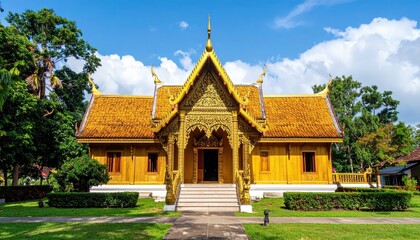 Fototapeta premium Traditional Golden Thai Teak Farmhouse Surrounded by Lush Nature