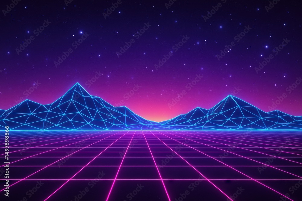 Aufkleber futuristic neon landscape with geometric mountains and grid pattern