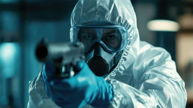 A person wearing a protective suit holds a gun, possibly for self-defense or hunting