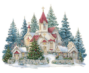Fototapeta premium Illuminated Christmas Village with Snow and Fir Trees