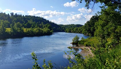 Obraz premium Serene View of a Peaceful River Flowing Through Lush Green Landscape