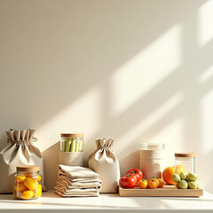 Eco-friendly packaging at home - photo of reusable cans, fabric bags and compostable packaging on kitchen shelf.