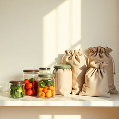 Eco-friendly packaging at home - photo of reusable cans, fabric bags and compostable packaging on kitchen shelf.