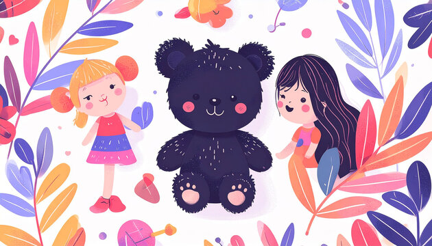 A whimsical illustration of two smiling children flanking a large, plush black bear, nestled amongst vibrant stylized foliage