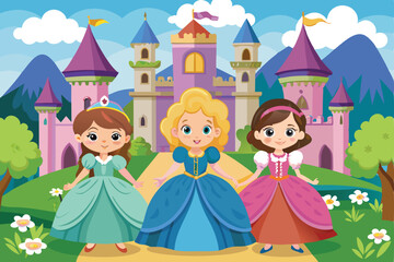 Three Princesses Walking Near a Fairytale Castle