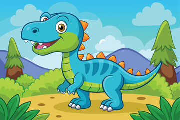 Cute Cartoon Dinosaur in Prehistoric Landscape Illustration