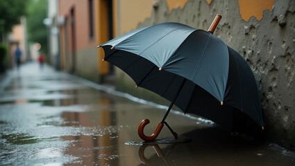 A wet umbrella is leaning against a concrete wall near a puddle, a summer rain has just fallen. Umbrella in the rain.