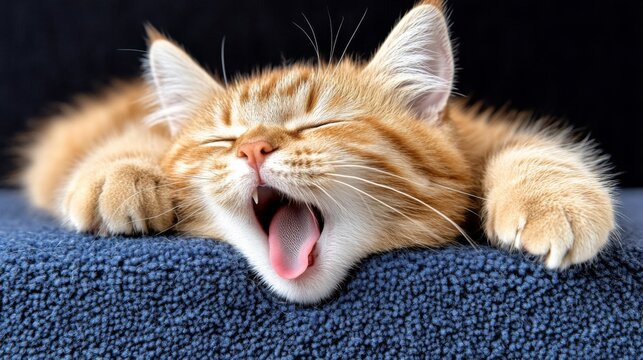 Playful orange tabby cat yawning while resting on a soft blue surface