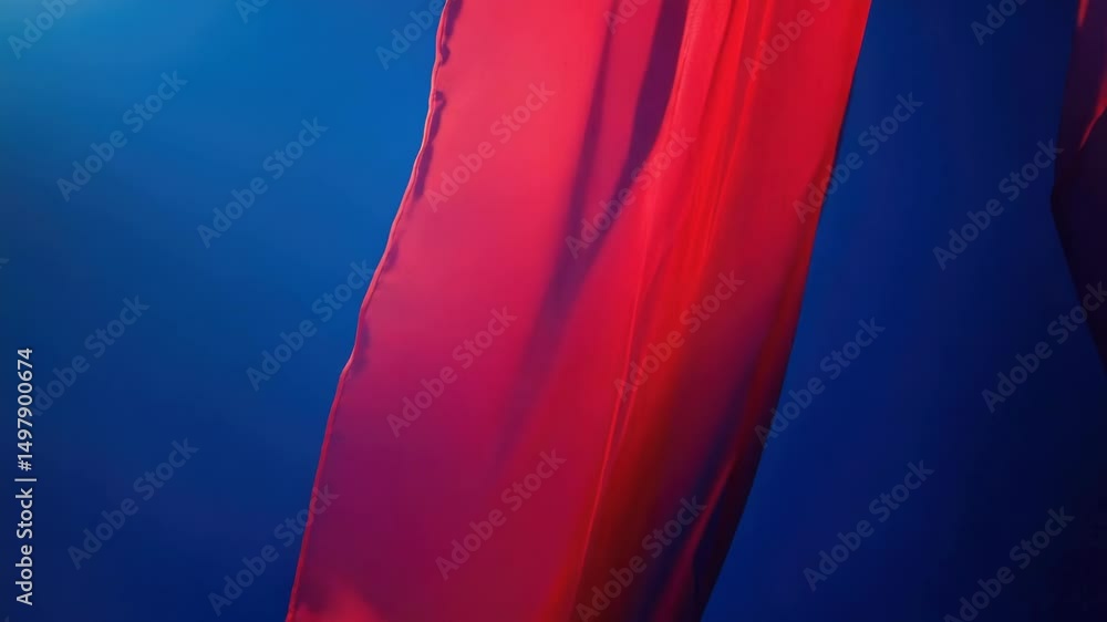 Poster a close-up view of a red curtain against a blue background