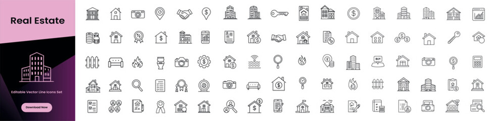 Fototapeta premium Real Estate Line Editable Icons set. Vector illustration in modern thin line style of real estate icons: houses, buildings, contracts, keys, finance, and property management. Isolated on white.