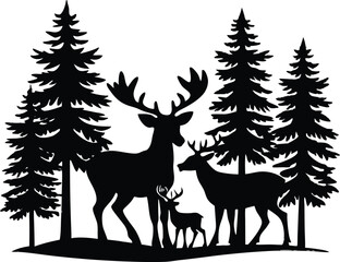 Obraz premium Deer Family in Forest Silhouette