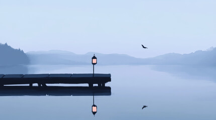 Tranquil Lakeside at Dusk with Lantern Light, Flying Bird Silhouette, and Soft Reflections Beneath a Pale Blue Sky