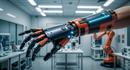 Fototapeta premium Advanced Robotic Hand in Black and Orange with Blue Lights Extending in a High-Tech Laboratory Setting