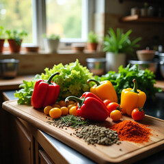 Kitchen counter in the middle of cooking counter with cutting board, spices, vegetables, natural window light.