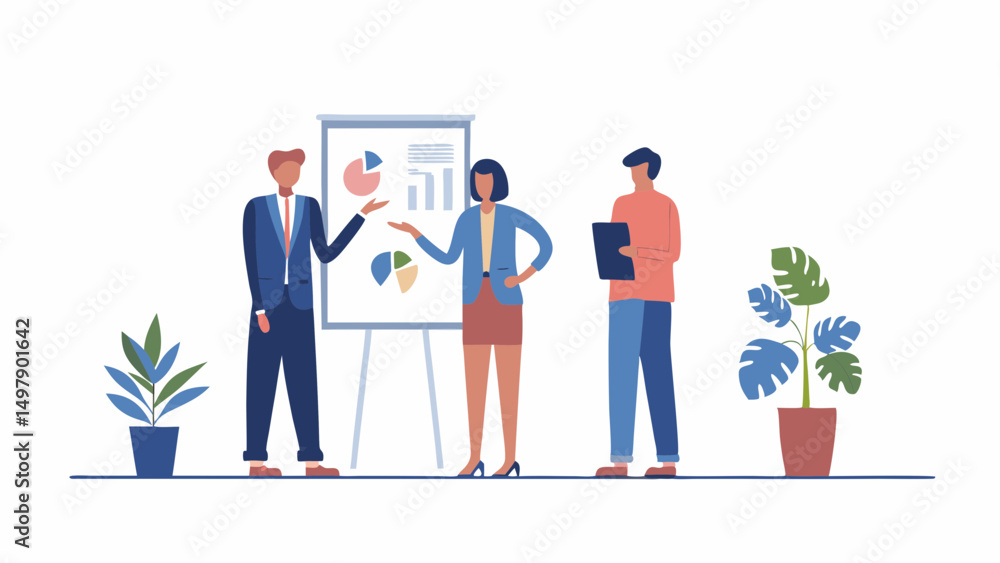 Poster three people standing around a presentation board with charts and graphs in an office setting enviro
