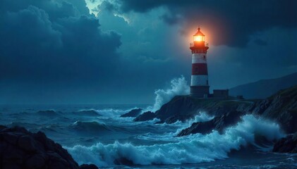 A solitary lighthouse bravely withstands a ferocious storm, waves crashing against its base  The powerful beam cuts through the tempestuous night, a beacon of hope amidst the chaos  , wild, dark