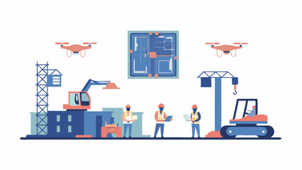 Illustration of construction workers with laptops, drones, crane, and excavator on a construction site plan