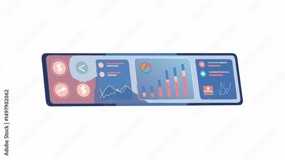 Poster illustration of a tablet displaying various financial charts and data visualizations on its screen p