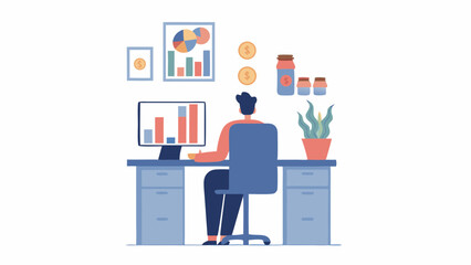 Illustration of a person sitting at a desk working on a computer with charts and plants around him