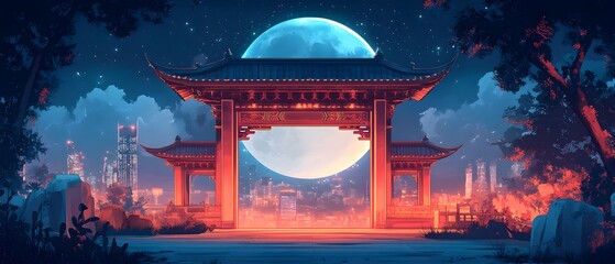 A city with a large red gate in front of it