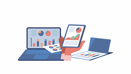Illustration of data analysis on laptop, tablet, and paper showing graphs and charts for business review