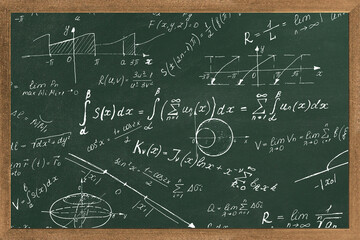Chalk scribbles on a math board. Blackboard, formulas, shapes, geometry. The concept of education. Illustrations can be used to return to the school topic, algebra, natural sciences