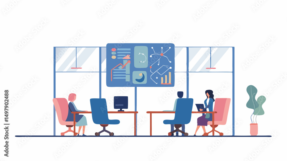 Poster illustration of a business meeting with people sitting at tables in front of a data visualization bo