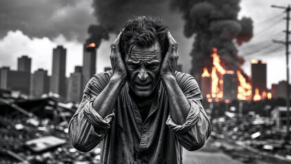 Fototapeta premium A man's face expresses despair as fire engulfs a city, symbolizing devastation and fear.