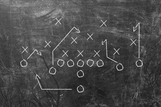 Scheme of football game on chalkboard background. Championsship win concept for Super Bowl.