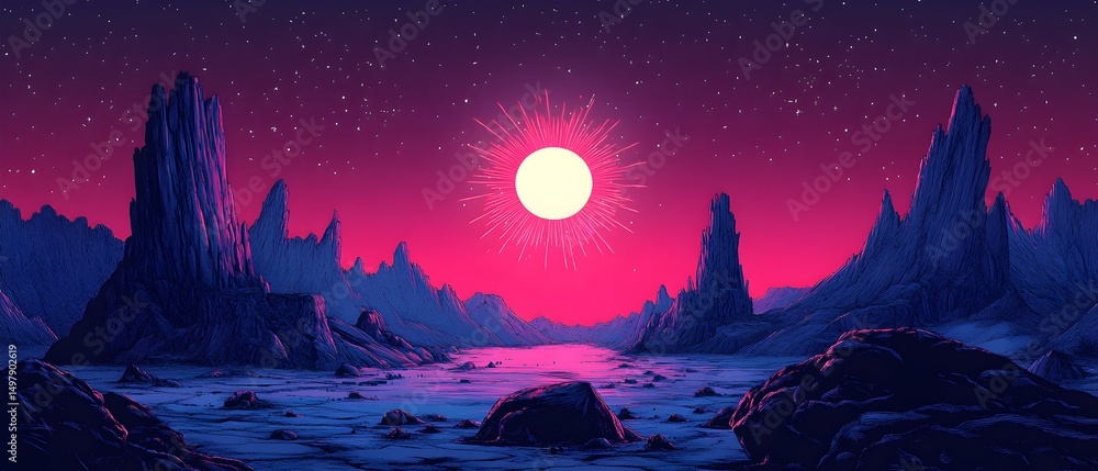 Poster a computer generated image of a planet with a large sun in the sky