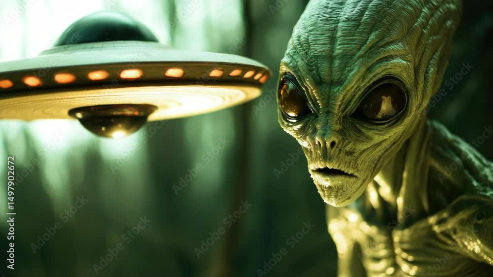 Poster A close-up shot of an extraterrestrial being accompanied by a spaceship in the background, suitable for sci-fi themed projects or illustrations