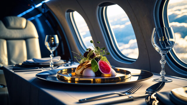 Fine dining experience on a private jet, offering a luxurious meal with breathtaking views.