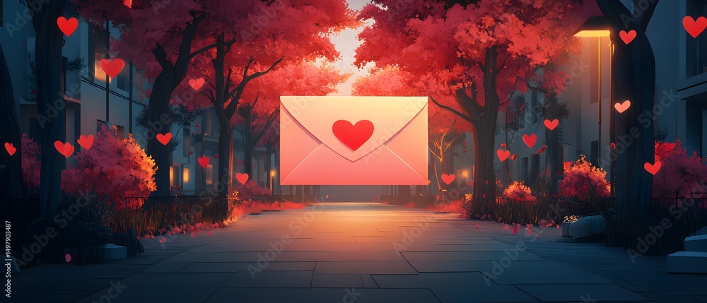 Poster a red envelope with a heart on it is on a sidewalk