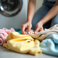 Close-up of hands separating laundry on floor next to washing machine, soft daylight, realistic life scene. Starting the washing machine.