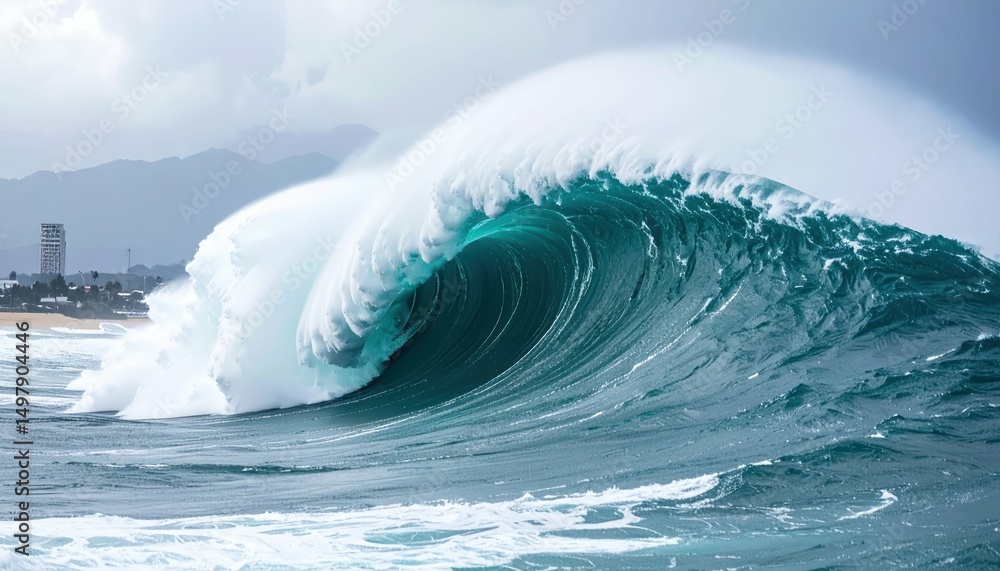 Poster massive tsunami wave crashing with immense force and dynamic motion