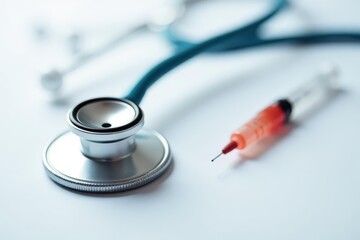 Close-up of stethoscope and syringe on white background, veterinary theme, white background image, medical