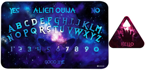 Alien Ouija Board – Sci-Fi Spirit Board Design with Extraterrestrial Theme. Galactic background, designed without AI. Includes extraterrestrial planchette. For paranormal projects, or collectibles.