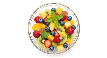 Colorful mix of fruits in glass bowls on white background