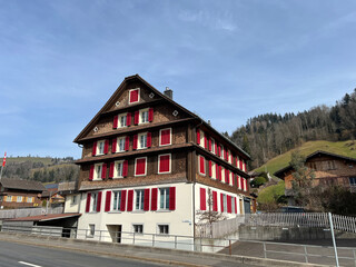 Traditional rural architecture and family livestock farms along the shore of See Ägerisee or Ageri Lake (Ägeri Lake or Aegeri Lake) - Canton of Zug, Switzerland - (Agerisee oder Aegerisee - Schweiz)