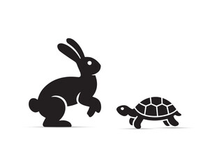 Rabbit and turtle Vector set of black silhouette illustrations featuring various pets and animals running