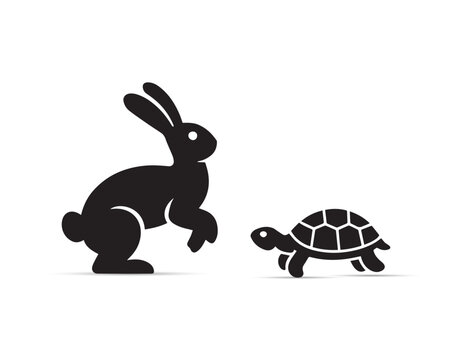 Rabbit and turtle Vector set of black silhouette illustrations featuring various pets and animals running