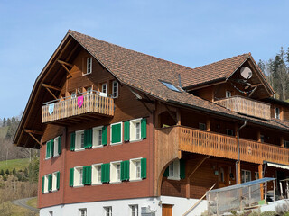 Traditional rural architecture and family livestock farms along the shore of See Ägerisee or Ageri Lake (Ägeri Lake or Aegeri Lake) - Canton of Zug, Switzerland - (Agerisee oder Aegerisee - Schweiz)