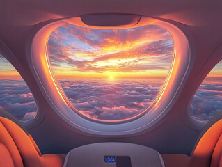 Golden Sunset Above the Clouds Seen from an Airplane Seat