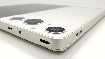 Off-white smartphone, angled view showcasing triple rear camera system, ports, and subtle reflective surface