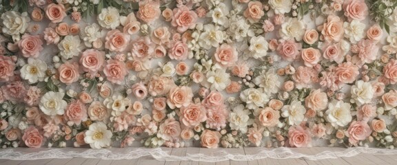 Pastel vintage floral artificial flower wall backdrop with lace , home decor, flower wall